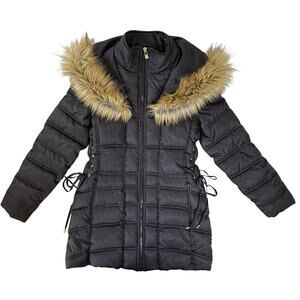 BETSEY JOHNSON Sz Small Puffer Coat Mid Length Lace Up Sides Faux Fur Trim Hood